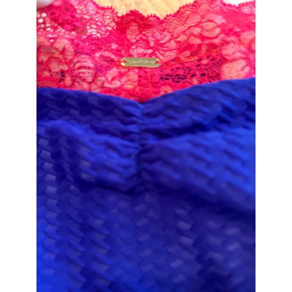 Beach Bunny Swimwear Blue Pink Lace Waist Scrunch Back Bikini Bottom‎ XL